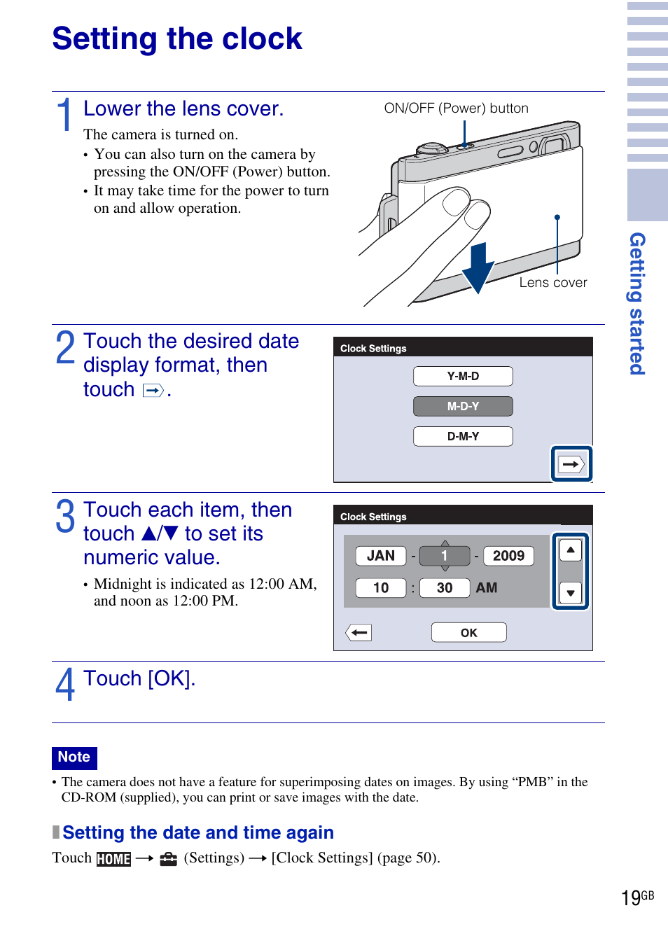 Setting the clock | Sony DSC-T900 User Manual | Page 19 / 124