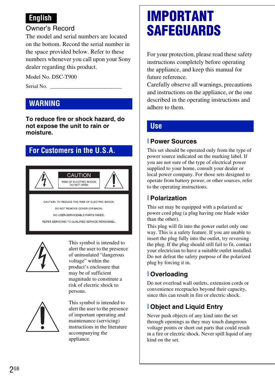 English, Important safeguards, English warning for customers in the u.s.a | Sony DSC-T900 User Manual | Page 2 / 124