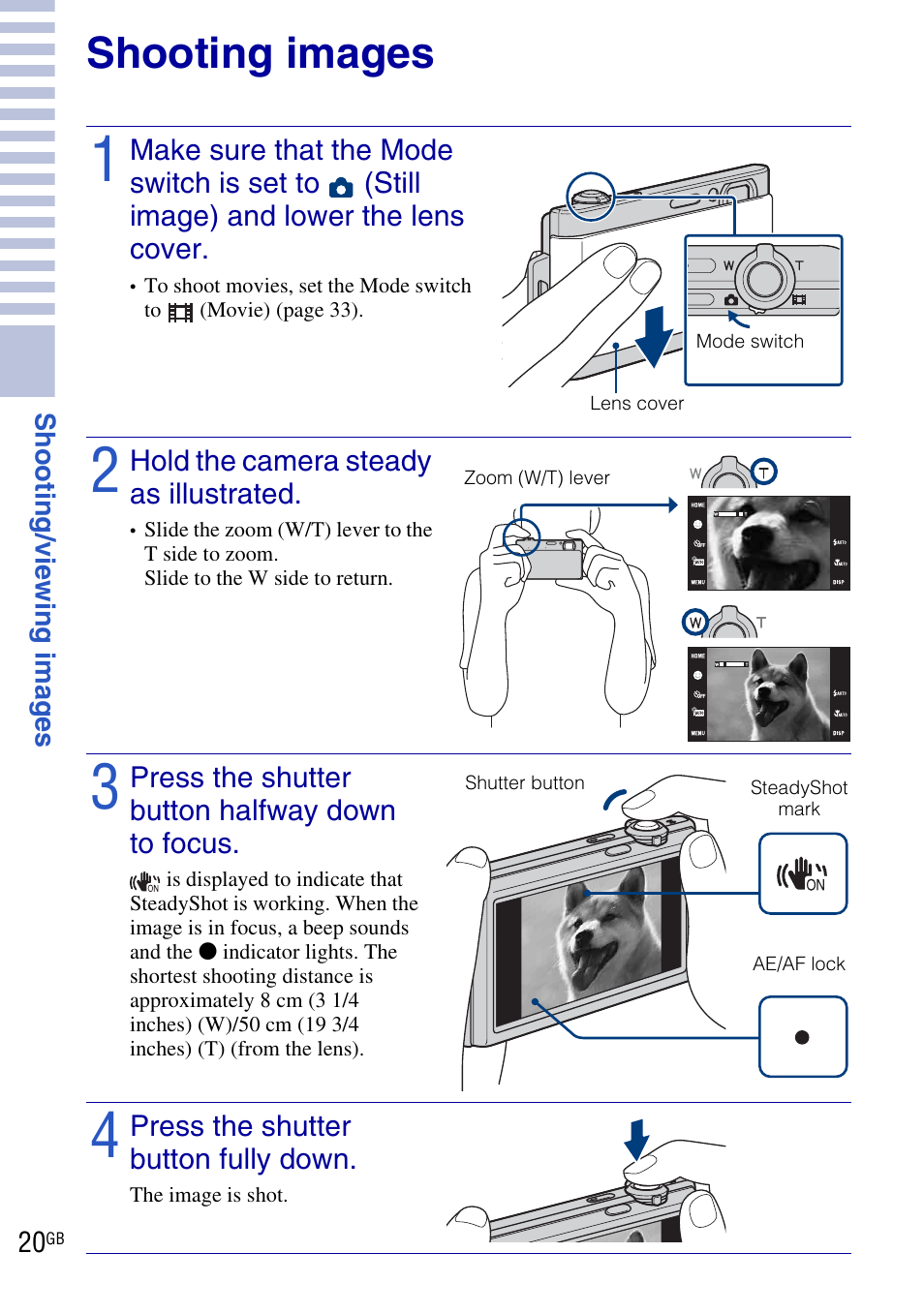 Shooting/viewing images, Shooting images | Sony DSC-T900 User Manual | Page 20 / 124