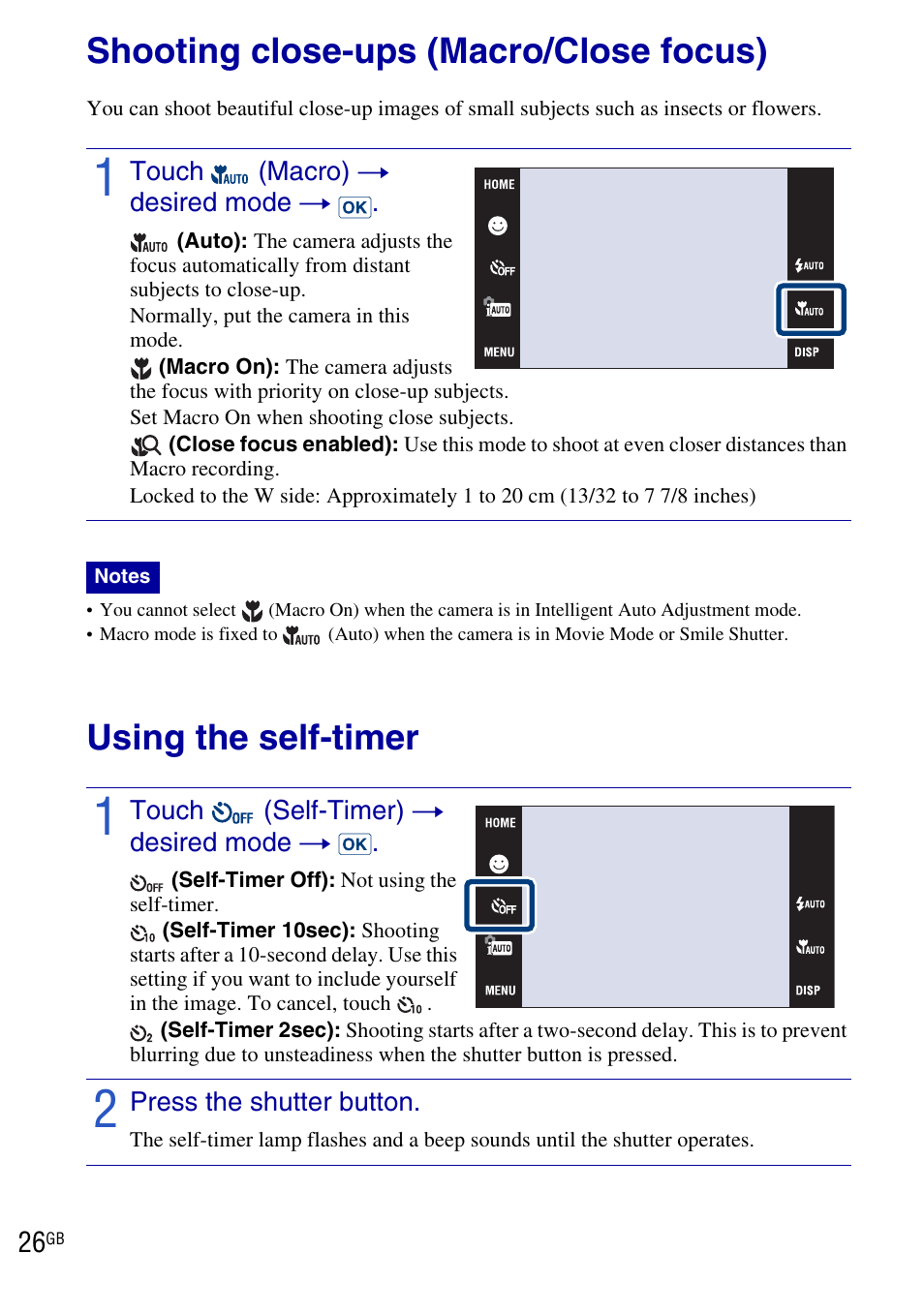 Shooting close-ups (macro/close focus), Using the self-timer | Sony DSC-T900 User Manual | Page 26 / 124