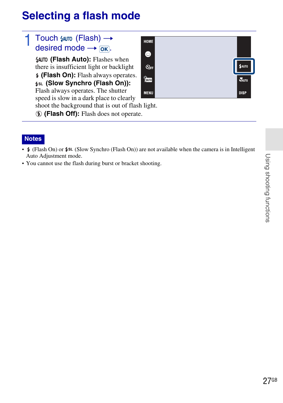 Selecting a flash mode | Sony DSC-T900 User Manual | Page 27 / 124