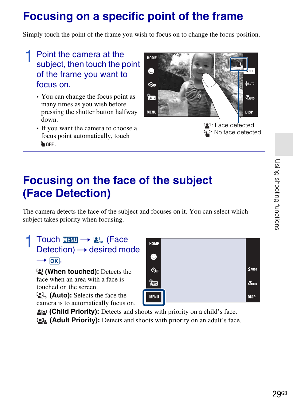 Focusing on a specific point of the frame | Sony DSC-T900 User Manual | Page 29 / 124