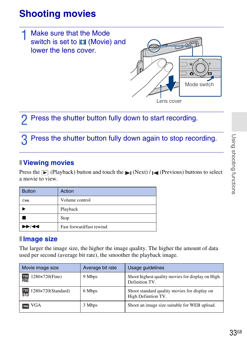 Shooting movies | Sony DSC-T900 User Manual | Page 33 / 124