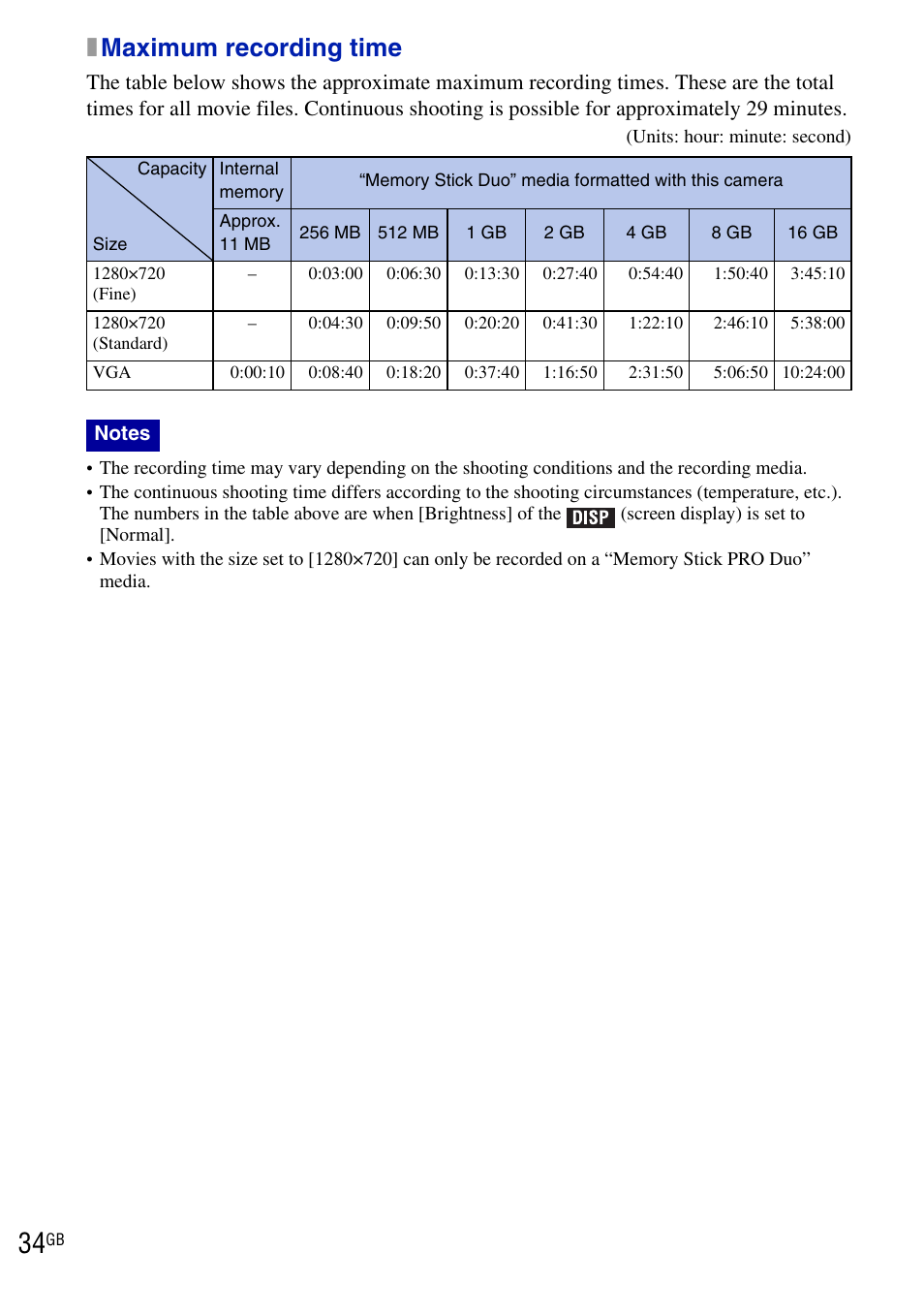 Xmaximum recording time | Sony DSC-T900 User Manual | Page 34 / 124