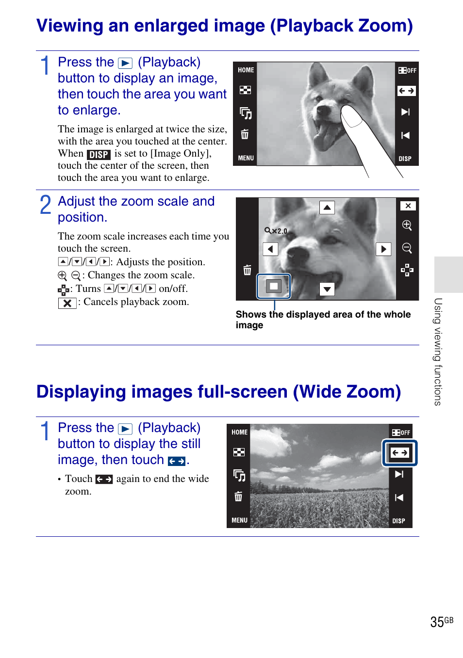 Using viewing functions, Viewing an enlarged image (playback zoom), Displaying images full-screen (wide zoom) | Sony DSC-T900 User Manual | Page 35 / 124