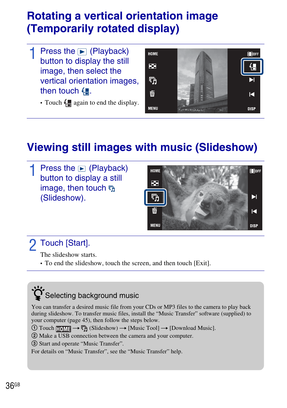 Viewing still images with music (slideshow) | Sony DSC-T900 User Manual | Page 36 / 124