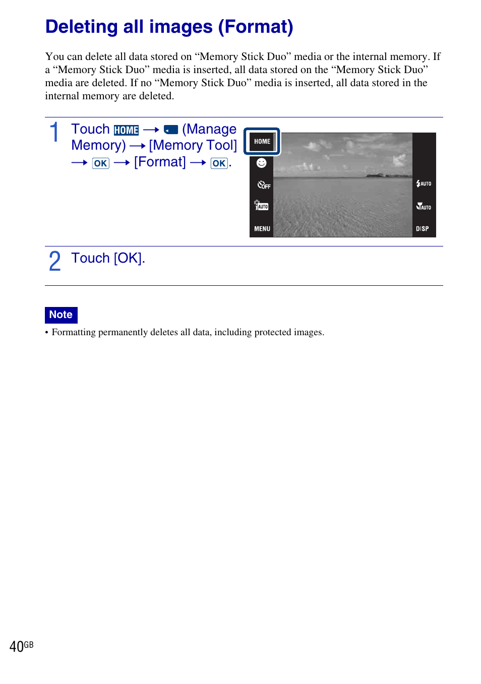 Deleting all images (format) | Sony DSC-T900 User Manual | Page 40 / 124