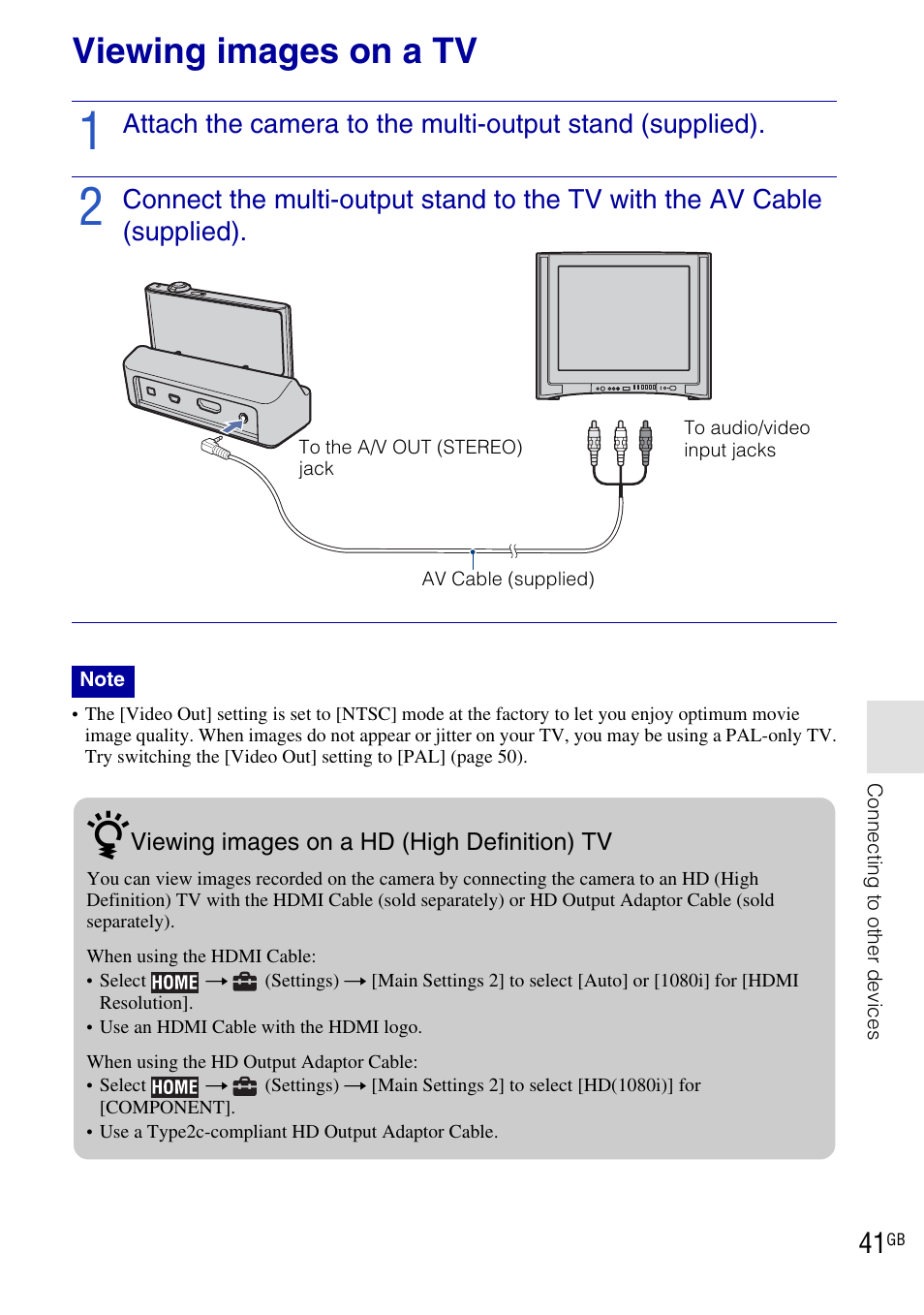 Connecting to other devices, Viewing images on a tv | Sony DSC-T900 User Manual | Page 41 / 124