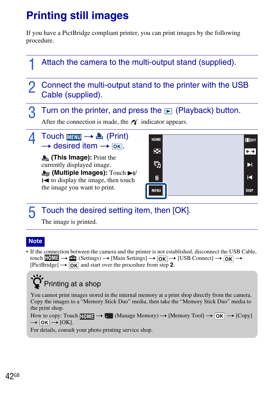 Printing still images | Sony DSC-T900 User Manual | Page 42 / 124
