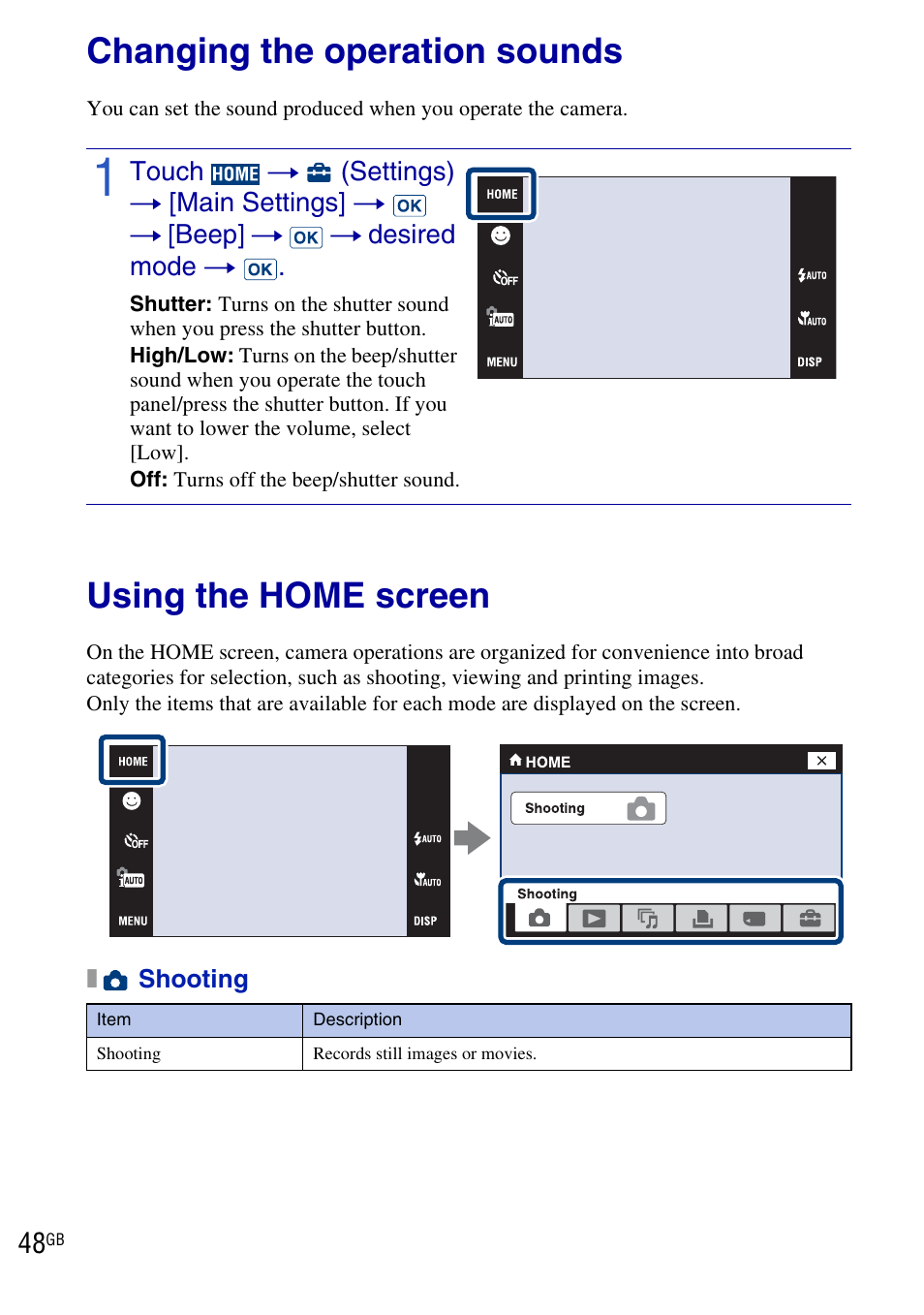 Changing camera settings, Changing the operation sounds, Using the home screen | Sony DSC-T900 User Manual | Page 48 / 124