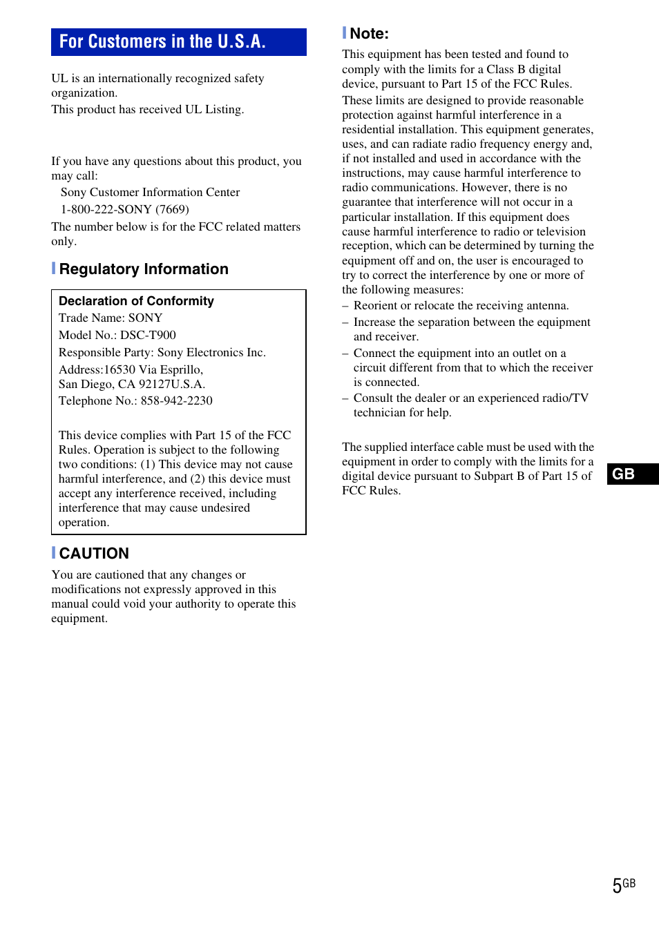 For customers in the u.s.a | Sony DSC-T900 User Manual | Page 5 / 124