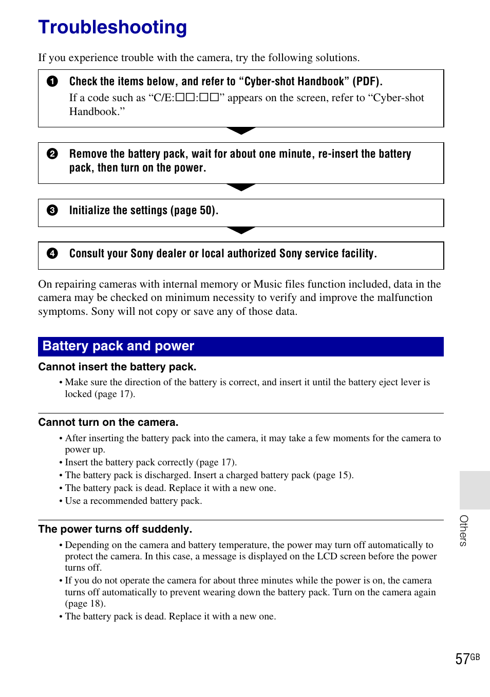 Troubleshooting, Battery pack and power | Sony DSC-T900 User Manual | Page 57 / 124