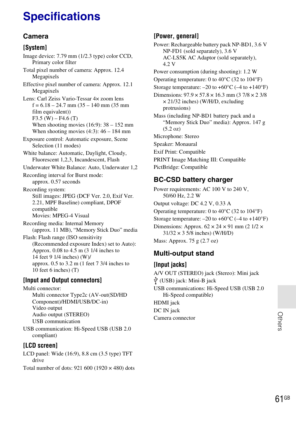 Specifications | Sony DSC-T900 User Manual | Page 61 / 124