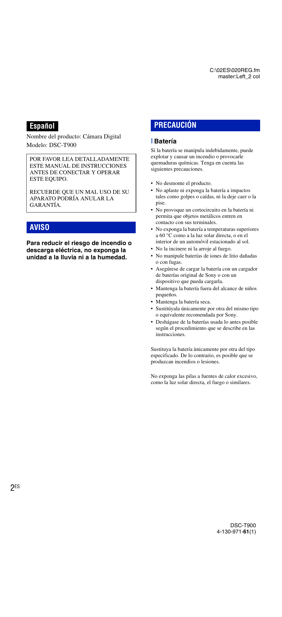 Español, Aviso precaución | Sony DSC-T900 User Manual | Page 64 / 124