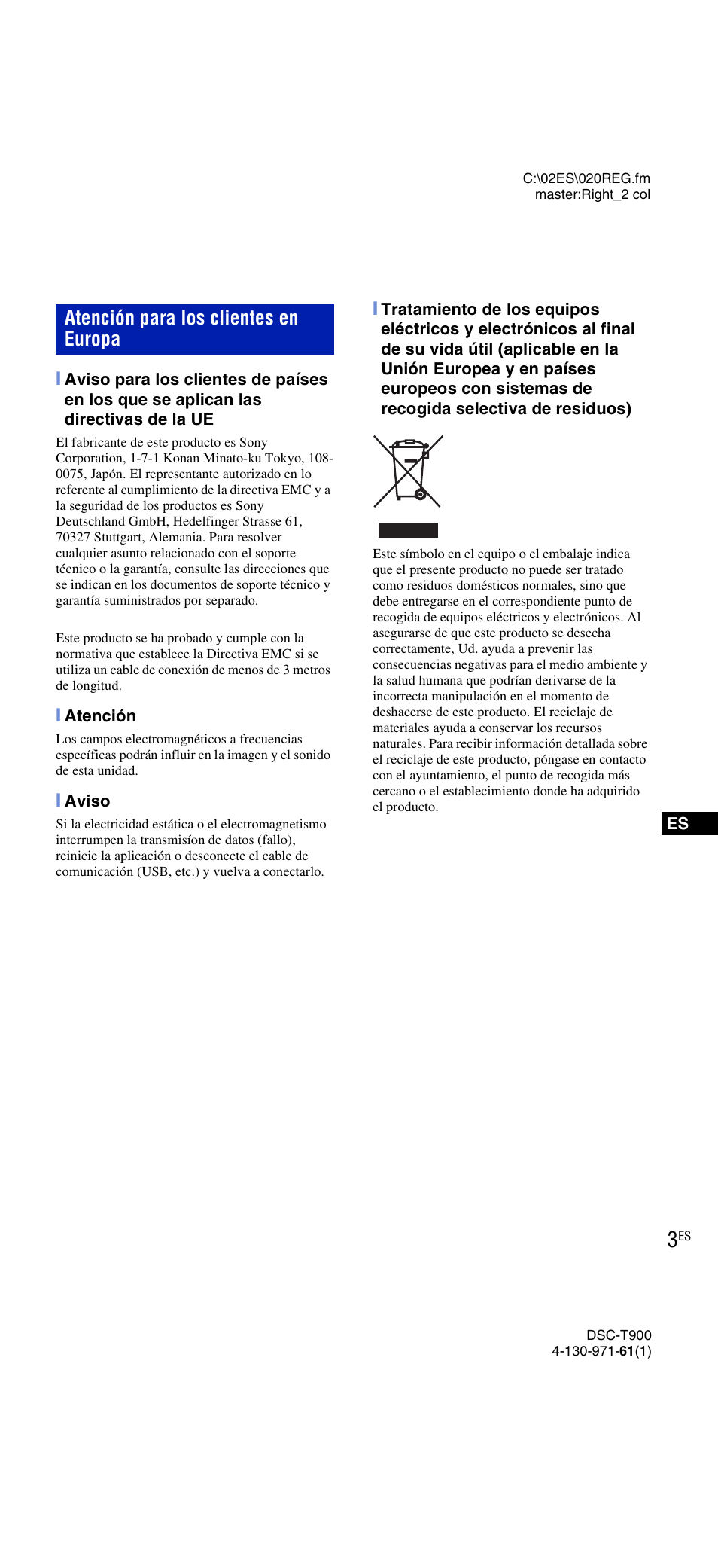 Atención para los clientes en europa | Sony DSC-T900 User Manual | Page 65 / 124