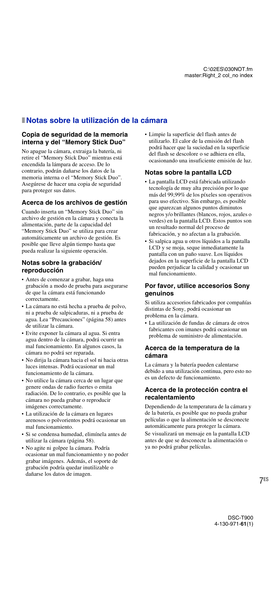 Notas sobre la utilización de la cámara, Xnotas sobre la utilización de la cámara | Sony DSC-T900 User Manual | Page 69 / 124