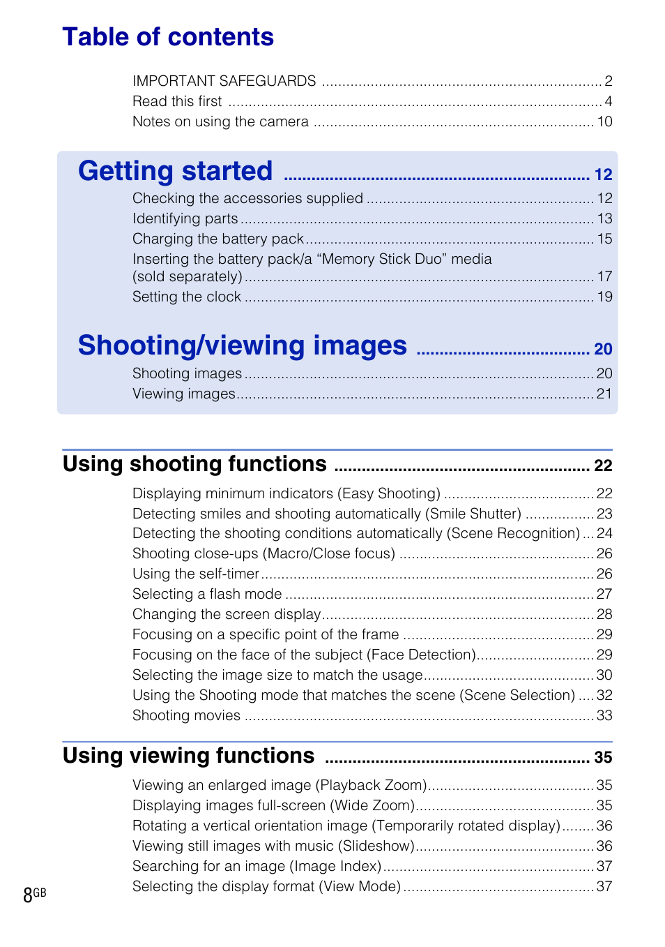 Sony DSC-T900 User Manual | Page 8 / 124