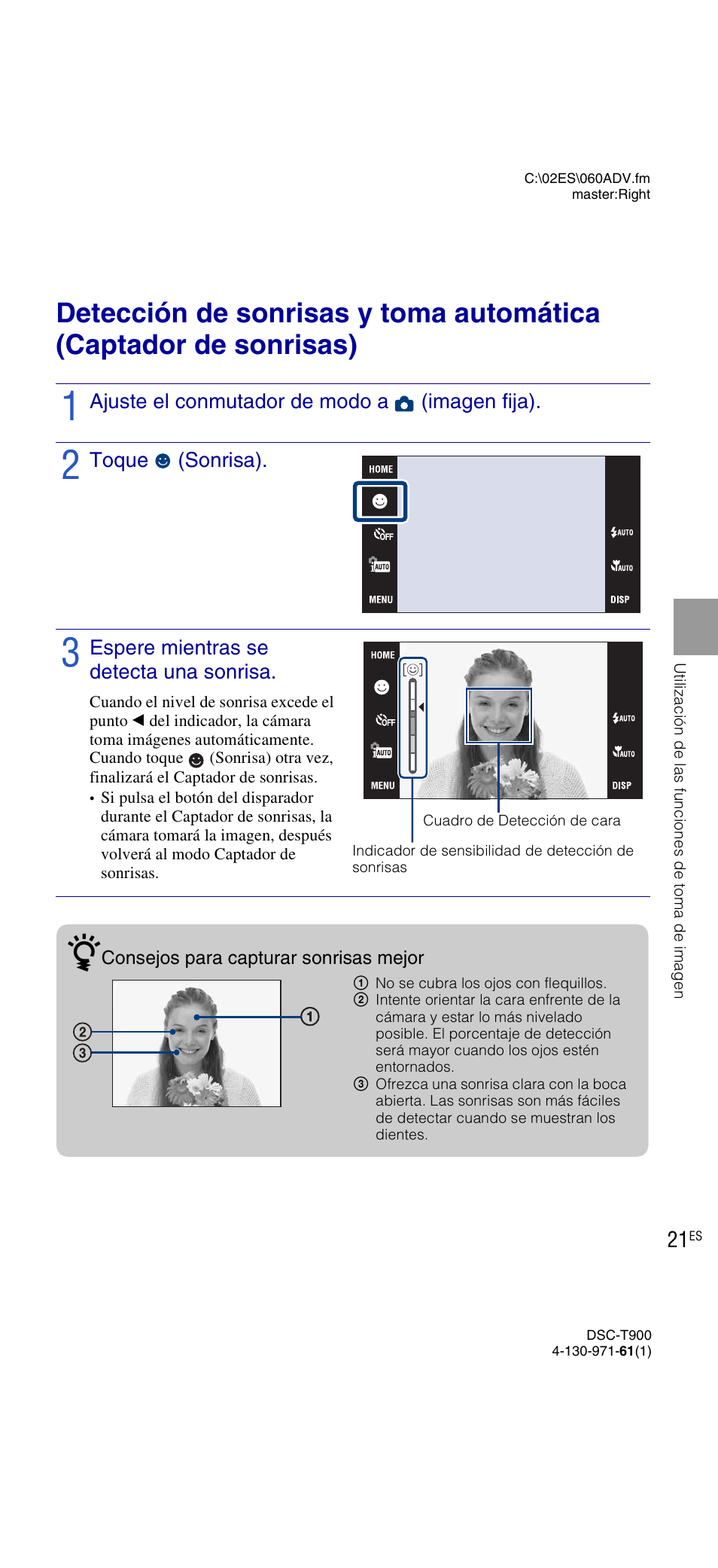 Ajuste el conmutador de modo a (imagen fija), Toque (sonrisa), Espere mientras se detecta una sonrisa | Sony DSC-T900 User Manual | Page 83 / 124