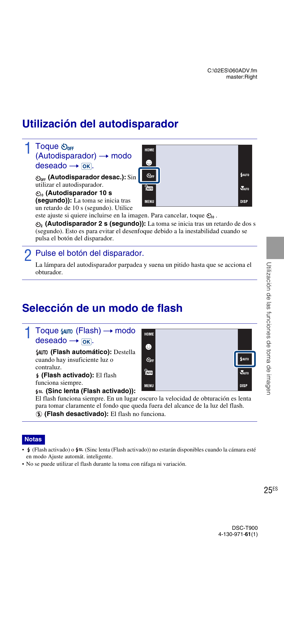 Utilización del autodisparador, Selección de un modo de flash, Toque (autodisparador) t modo deseado t | Pulse el botón del disparador, Toque (flash) t modo deseado t | Sony DSC-T900 User Manual | Page 87 / 124