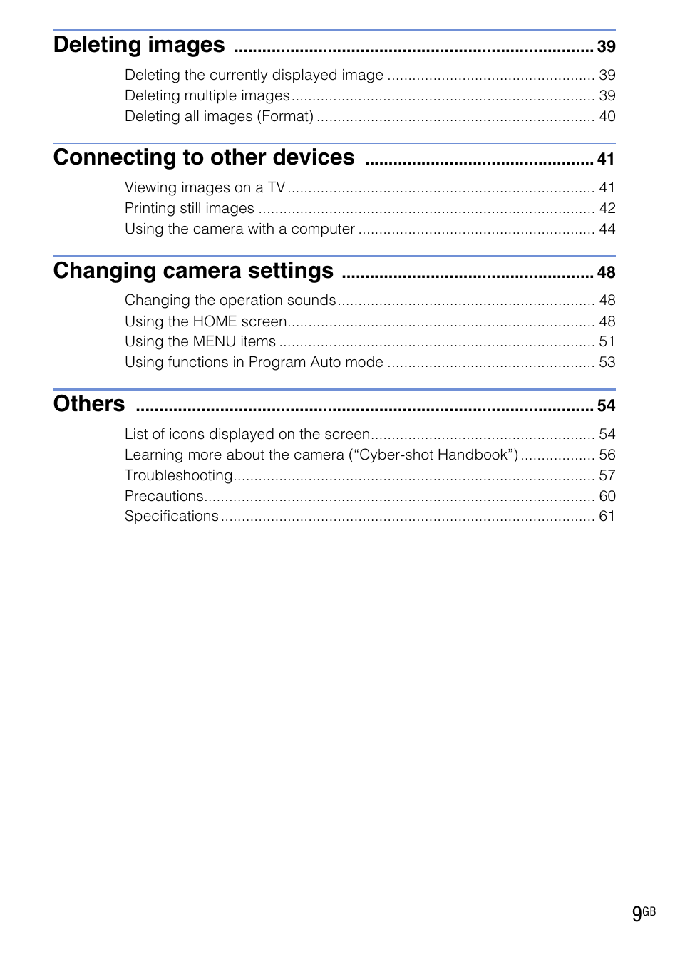 Deleting images, Connecting to other devices, Changing camera settings | Others | Sony DSC-T900 User Manual | Page 9 / 124