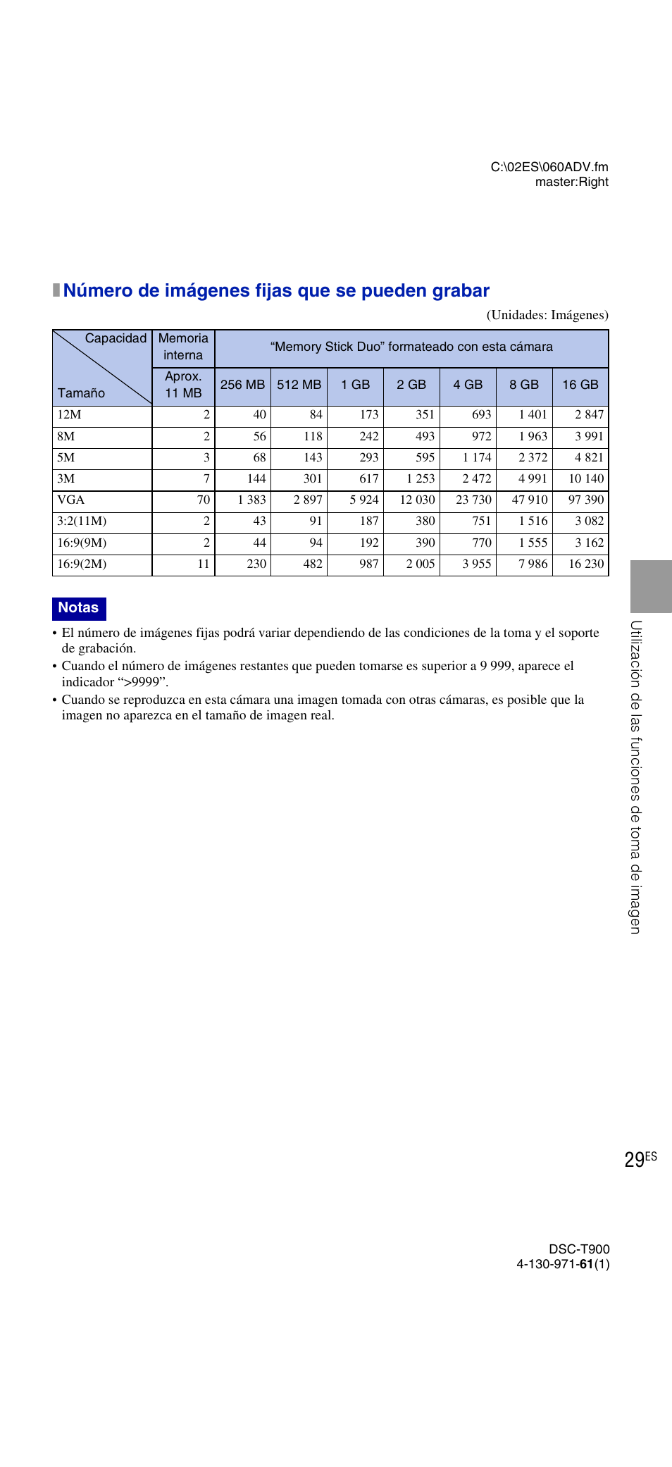 Xnúmero de imágenes fijas que se pueden grabar | Sony DSC-T900 User Manual | Page 91 / 124