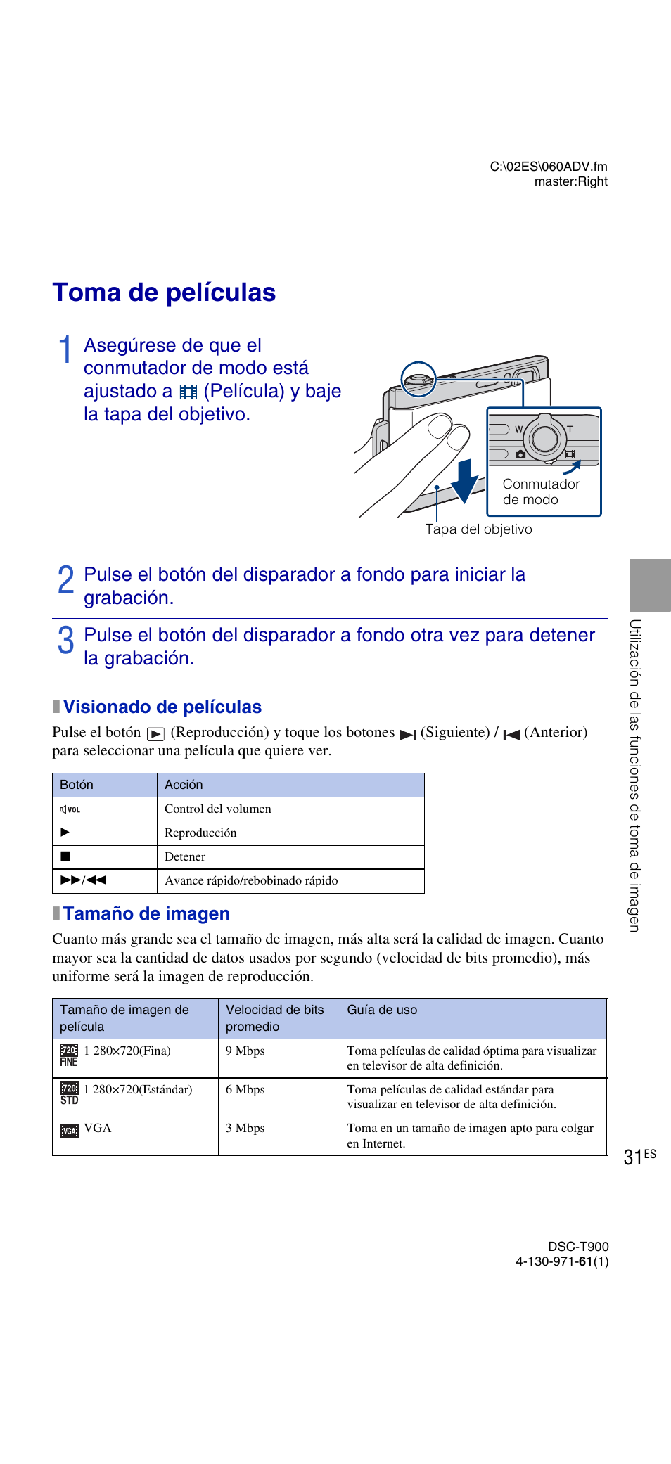 Toma de películas, Xvisionado de películas, Xtamaño de imagen | Sony DSC-T900 User Manual | Page 93 / 124