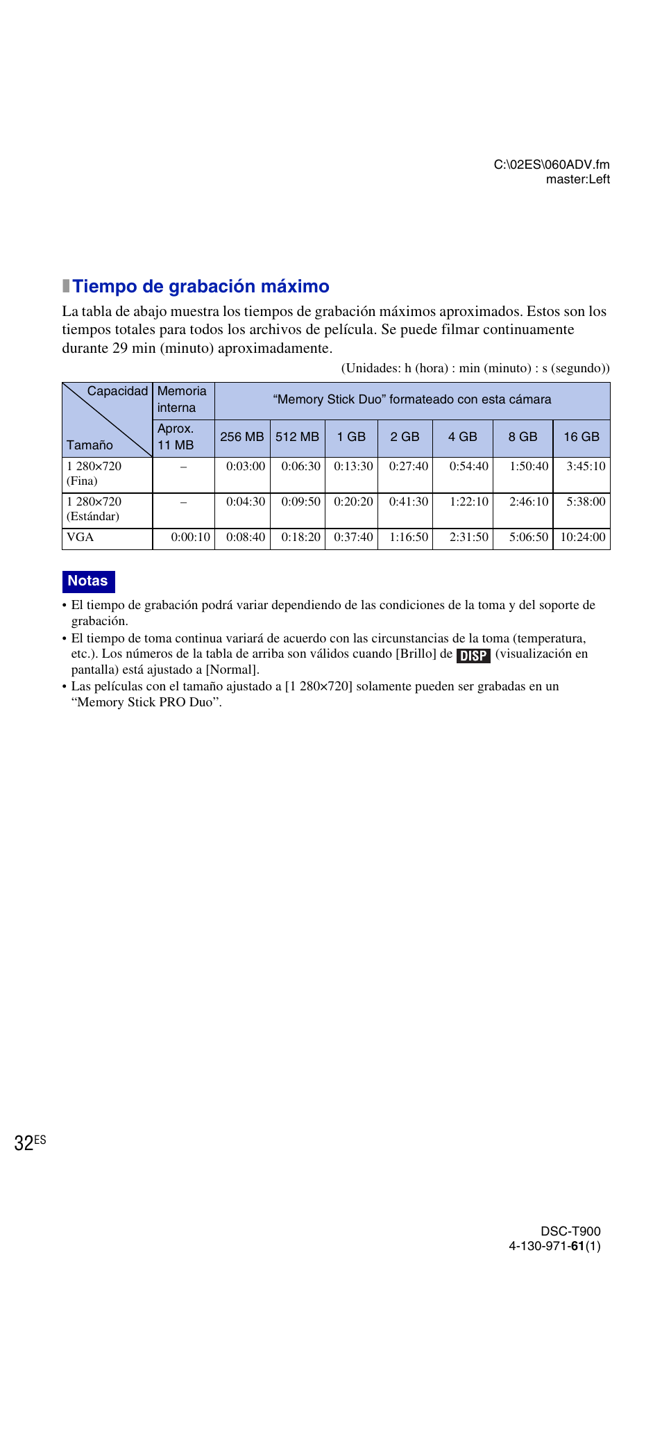 Xtiempo de grabación máximo | Sony DSC-T900 User Manual | Page 94 / 124