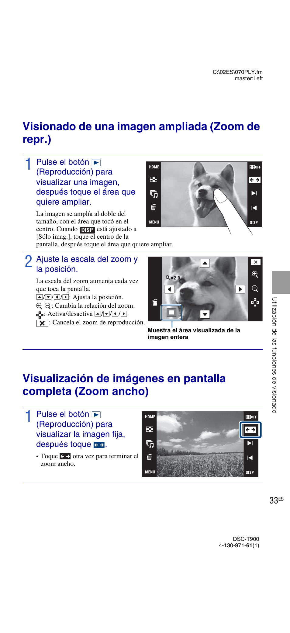 Utilización de las funciones de visionado, Visionado de una imagen ampliada (zoom de repr.) | Sony DSC-T900 User Manual | Page 95 / 124