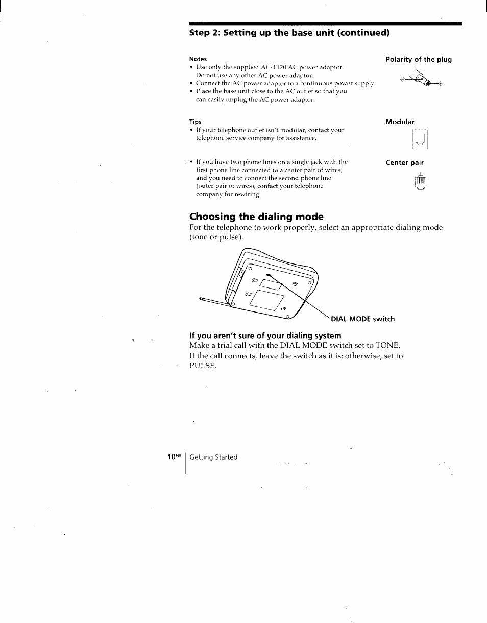 Notes, Tips, Choosing the dialing mode | If you aren't sure of your dialing system, Step 2: setting up the base unit (continued) | Sony SPP-930 User Manual | Page 10 / 54