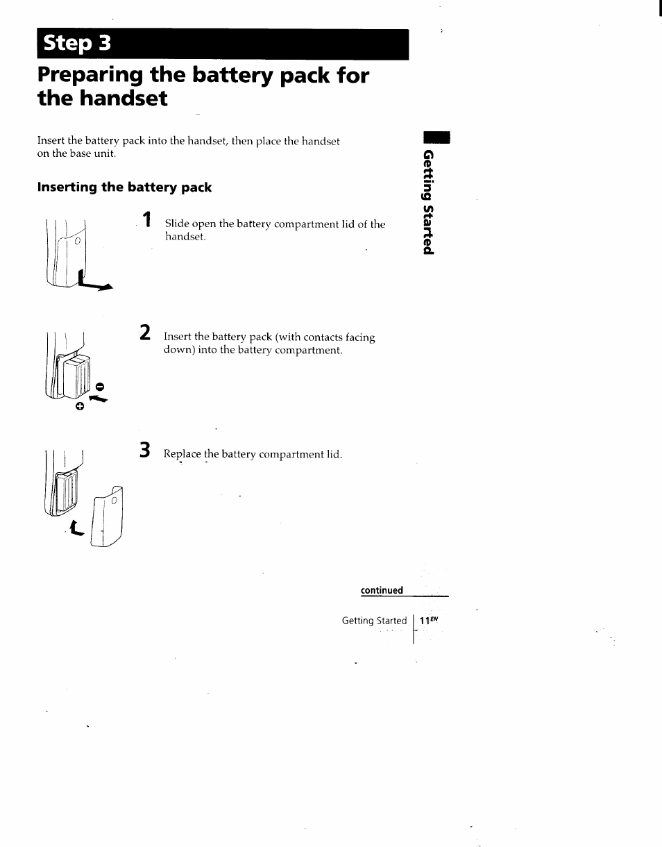 Inserting the battery pack, Step 3, Preparing the battery pack for the handset | Sony SPP-930 User Manual | Page 11 / 54