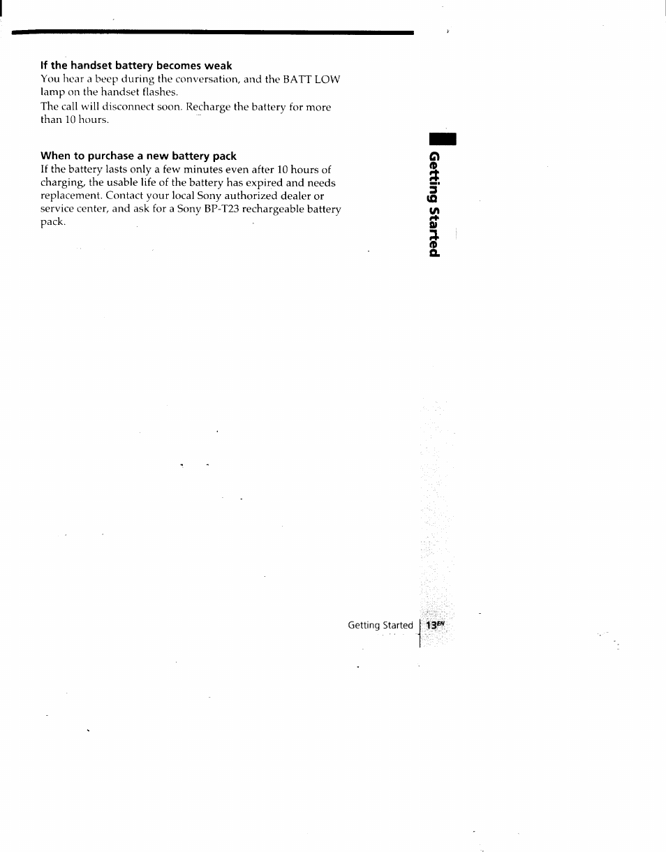 If the handset battery becomes weak, When to purchase a new battery pack | Sony SPP-930 User Manual | Page 13 / 54
