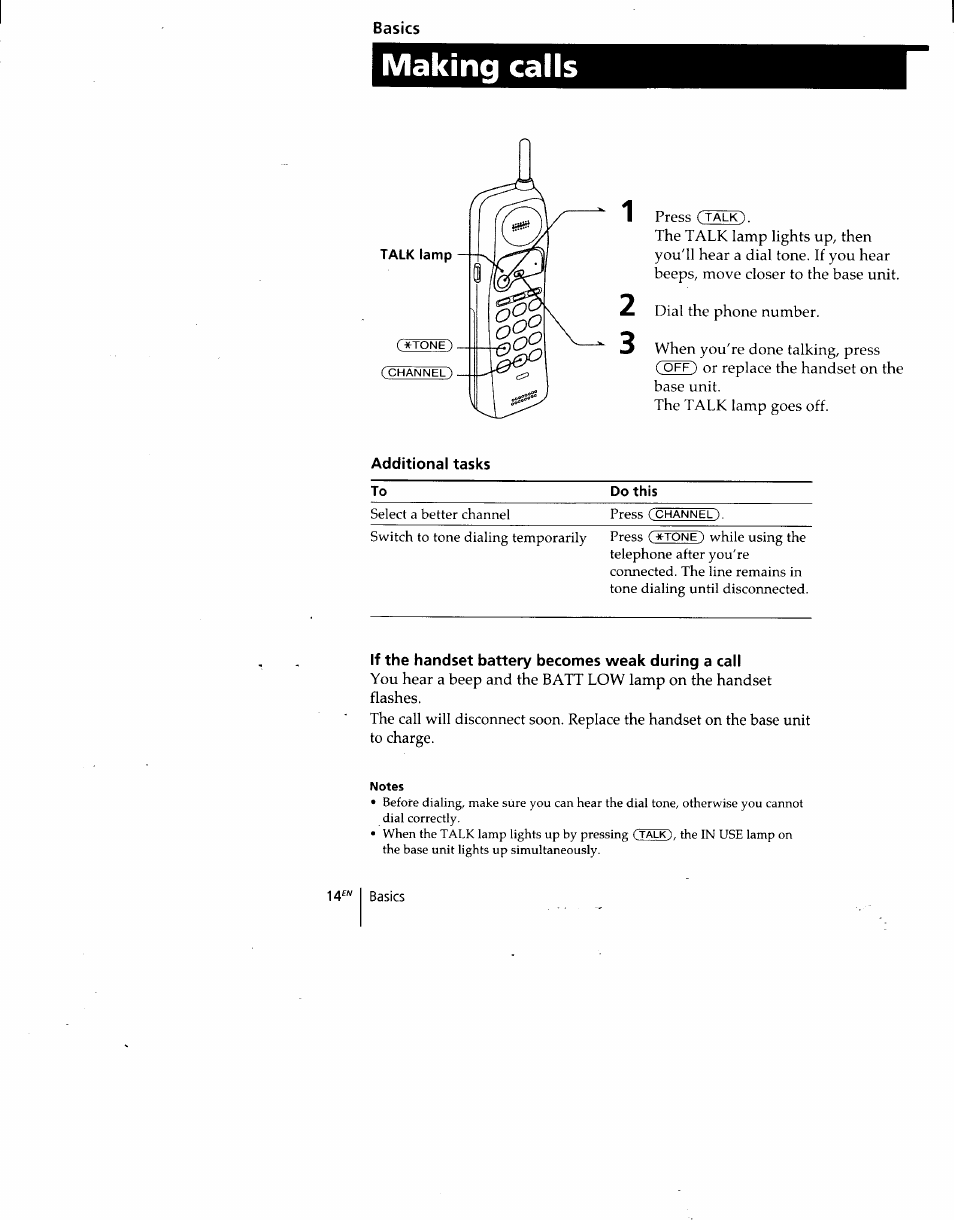 If the handset battery becomes weak during a call, Making calls | Sony SPP-930 User Manual | Page 14 / 54