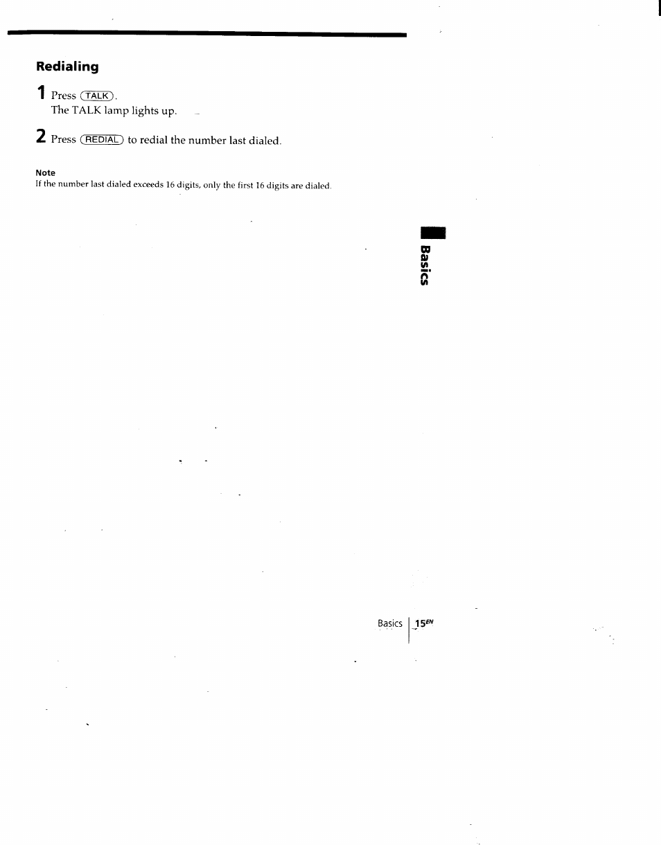 Redialing, Note | Sony SPP-930 User Manual | Page 15 / 54