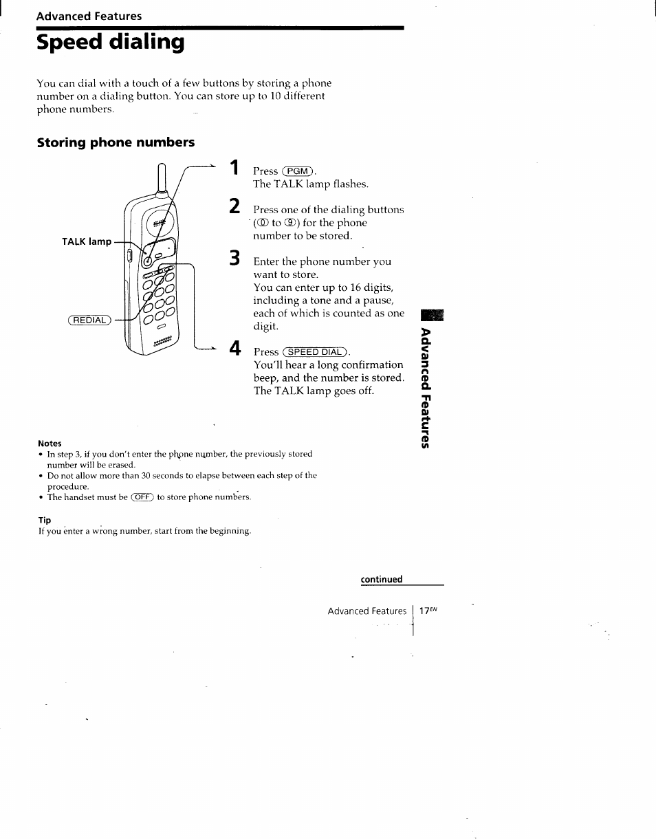 Advanced features, Storing phone numbers, Speed dialing | Sony SPP-930 User Manual | Page 17 / 54