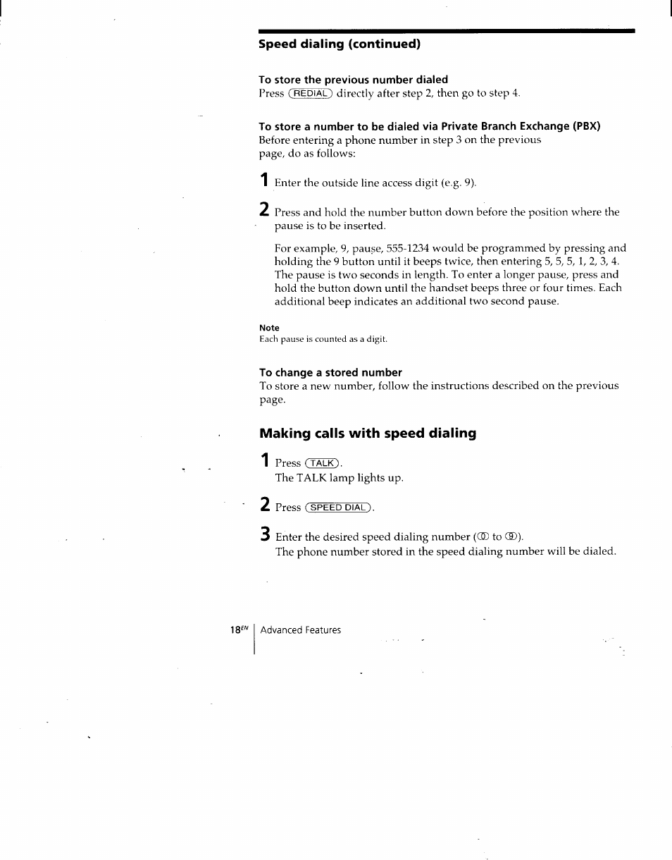 To store the previous number dialed, To change a stored number, Making calls with speed dialing | Sony SPP-930 User Manual | Page 18 / 54