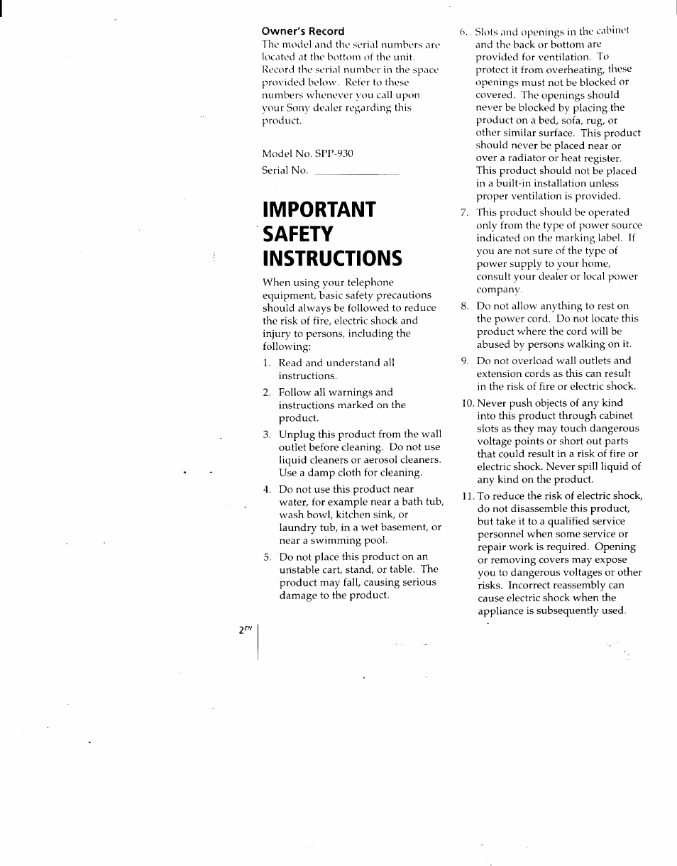 Owner's record, Important safety instructions | Sony SPP-930 User Manual | Page 2 / 54