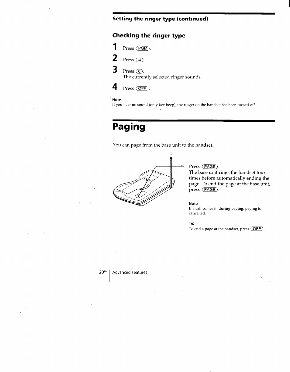 Checking the ringer type, Paging | Sony SPP-930 User Manual | Page 20 / 54