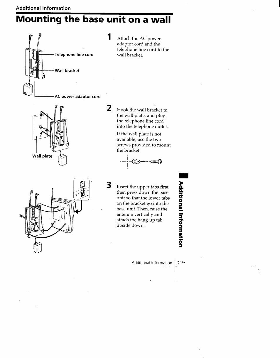 Additional information, Mounting the base unit on a wall | Sony SPP-930 User Manual | Page 21 / 54