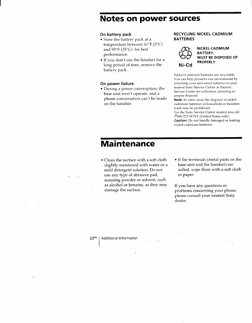 On battery pack, On power failure, Recycling nickel-cadmium batteries | Nickel-cadmium, Battery, Must be disposed of properly, Maintenance | Sony SPP-930 User Manual | Page 22 / 54