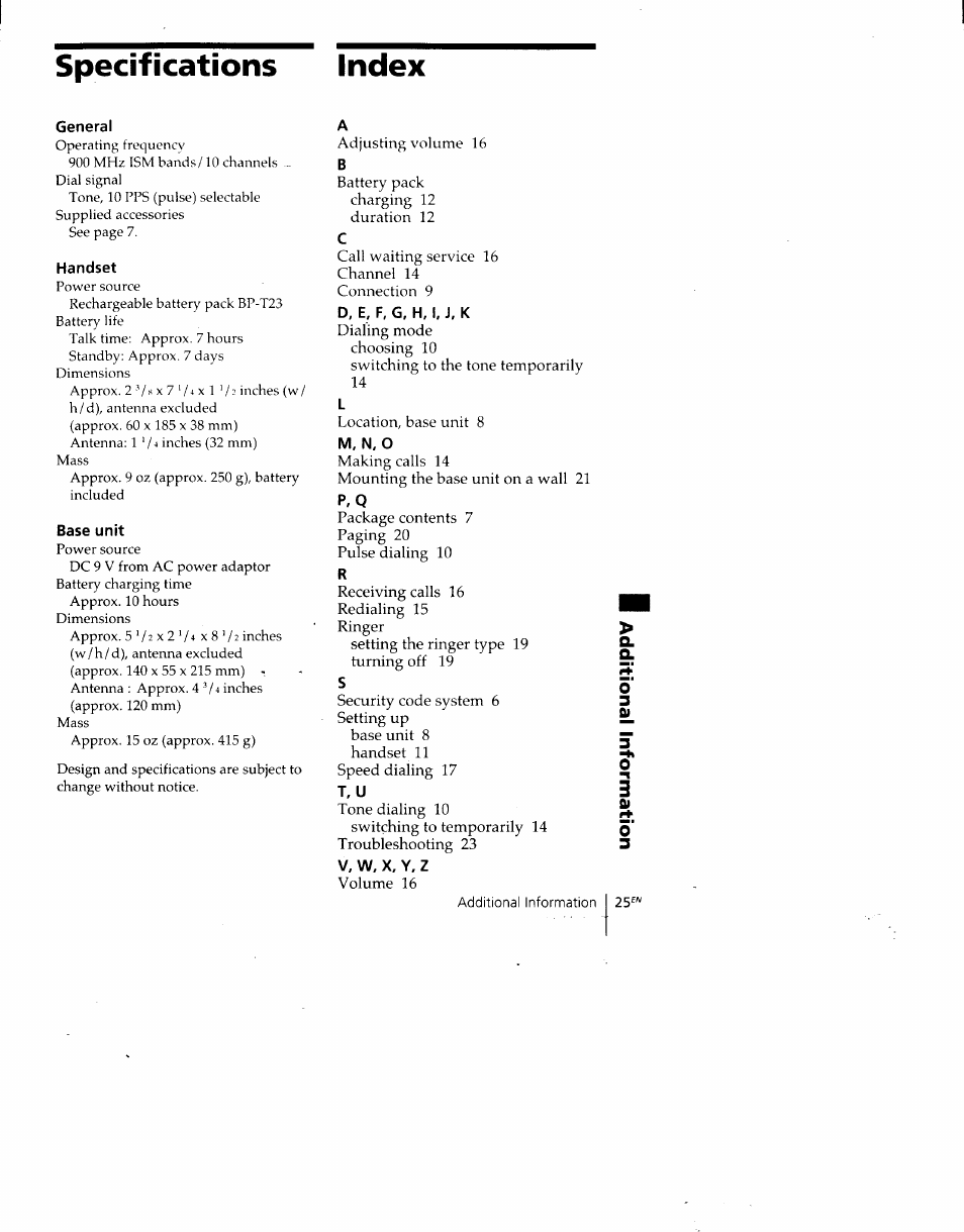General, Handset, Base unit | Specifications index | Sony SPP-930 User Manual | Page 25 / 54