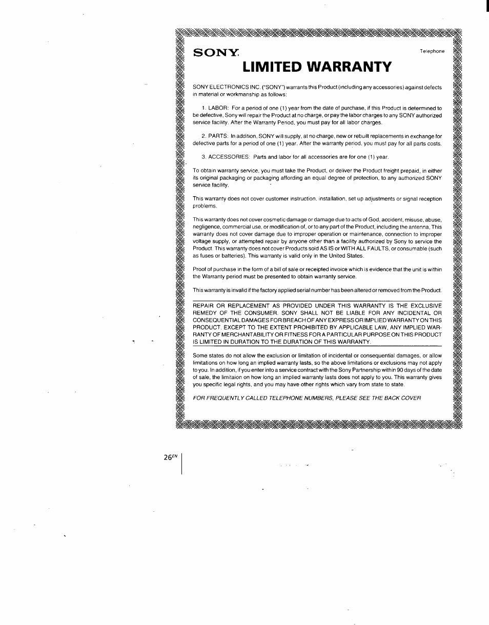 Limited warranty, Sony | Sony SPP-930 User Manual | Page 26 / 54