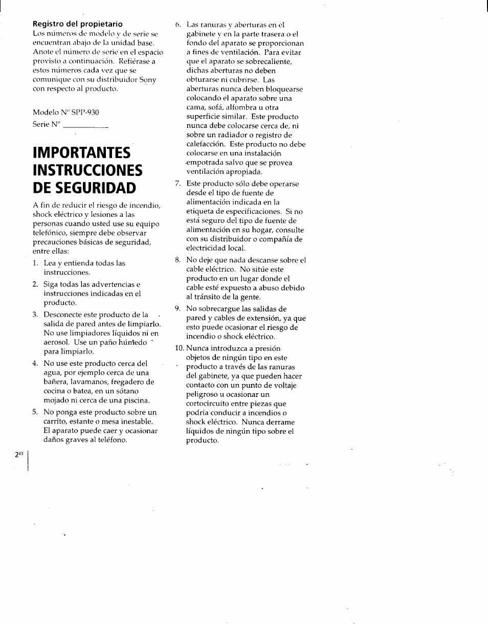 Registro del propietario, Importantes instrucciones de seguridad | Sony SPP-930 User Manual | Page 27 / 54