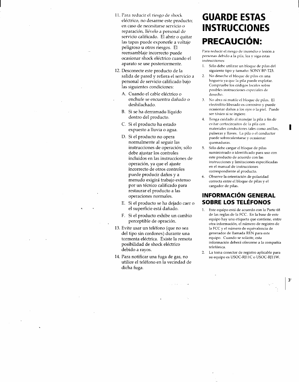 Información general sobre los teléfonos, Guarde estas instrucciones precaución | Sony SPP-930 User Manual | Page 28 / 54