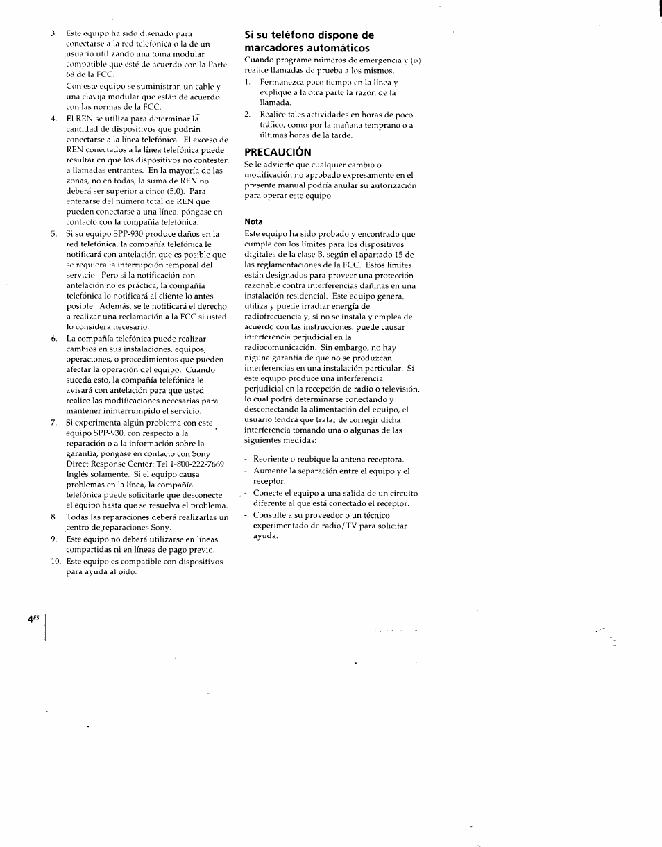 Si su teléfono dispone de marcadores automáticos, Precaución | Sony SPP-930 User Manual | Page 29 / 54