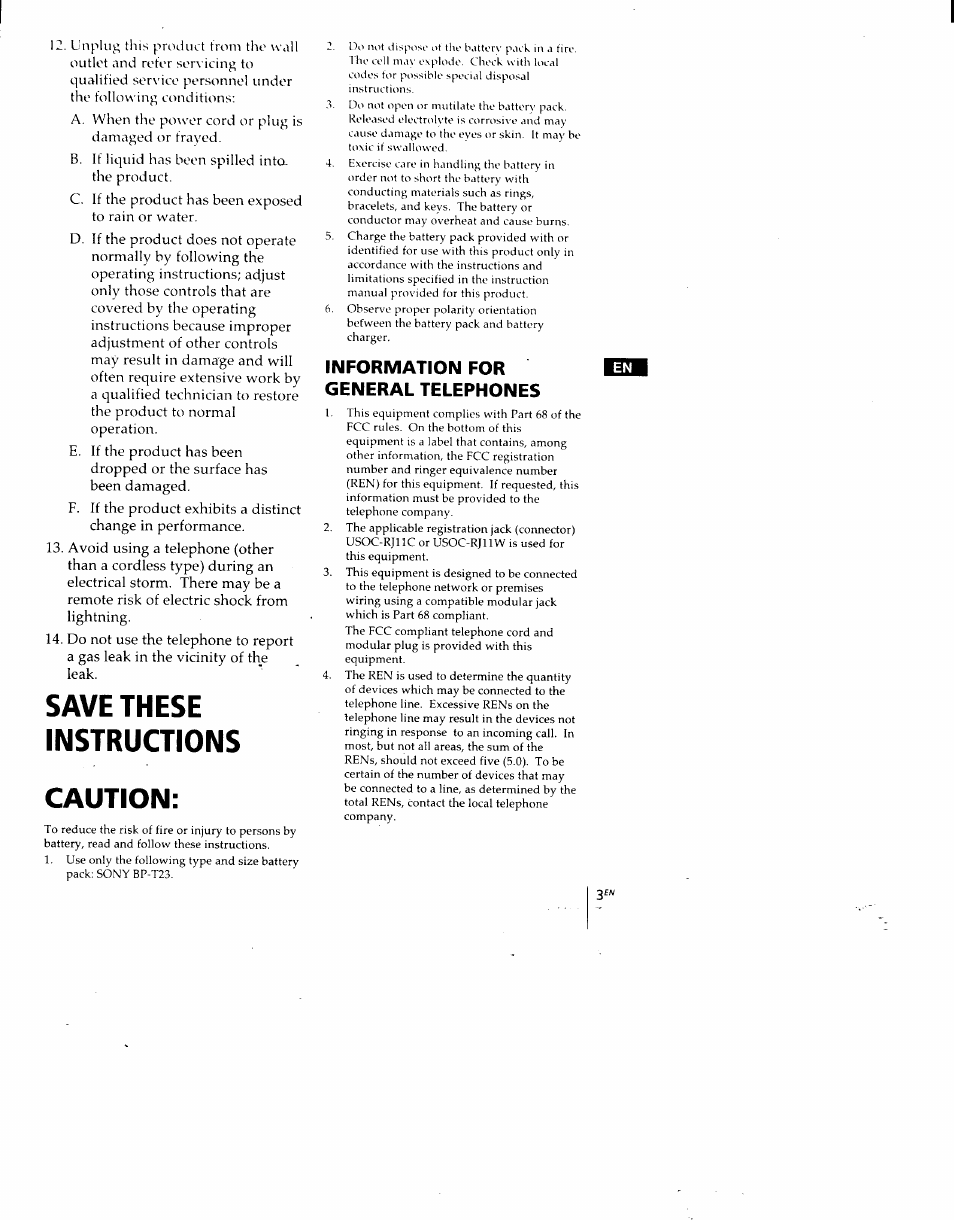 Information for general telephones, Save these instructions caution | Sony SPP-930 User Manual | Page 3 / 54