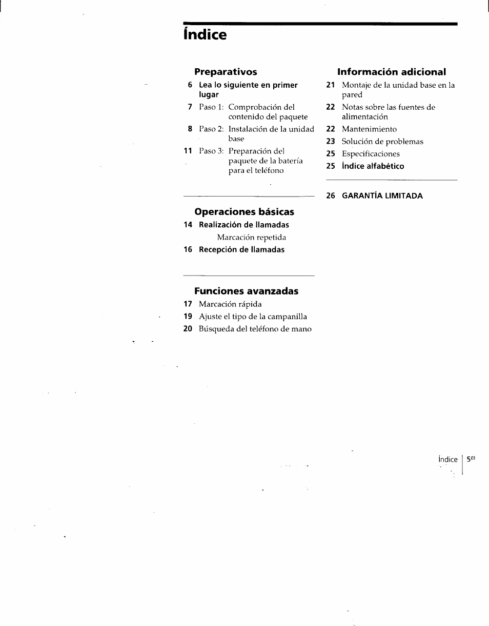 Operaciones básicas, 14 realización de llamadas, 16 recepción de llamadas | Funciones avanzadas, 26 garantia limitada, Índice | Sony SPP-930 User Manual | Page 30 / 54