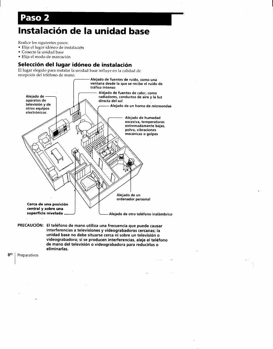 Selección dei lugar idóneo de instalación, Instalación de la unidad base, Paso 2 | Sony SPP-930 User Manual | Page 33 / 54