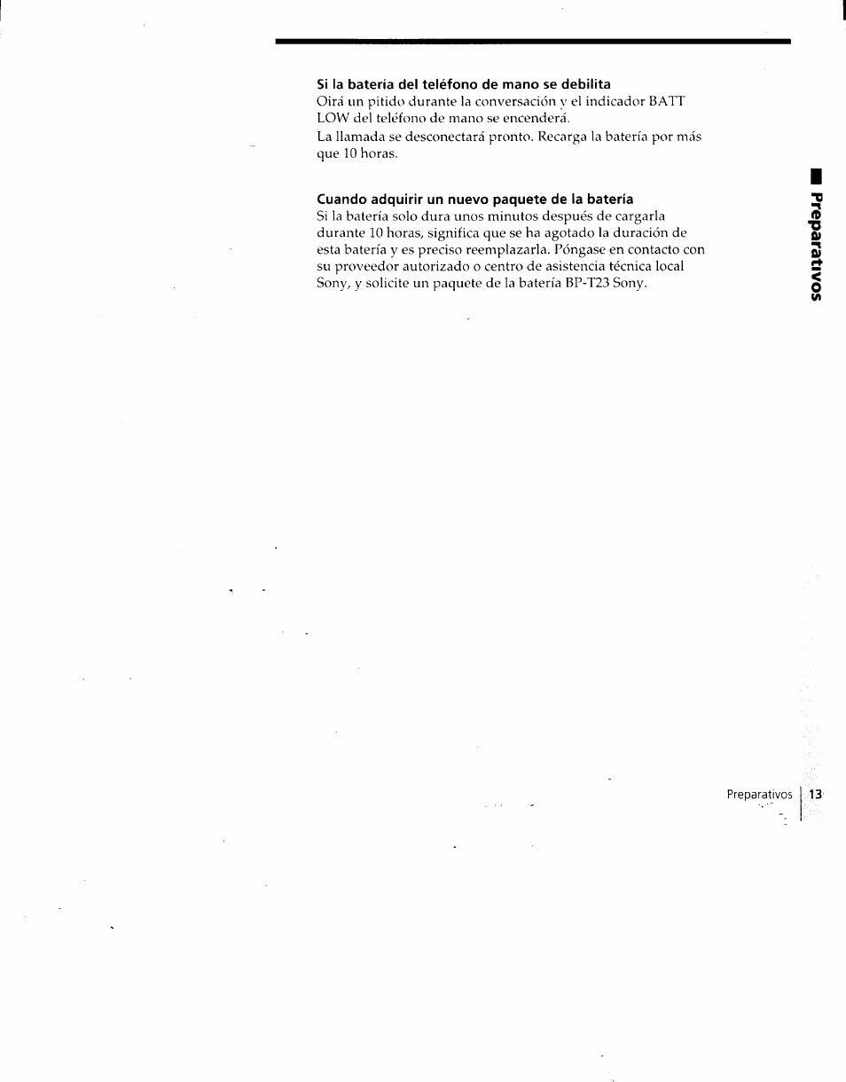 Si la batería del teléfono de mano se debilita, Cuando adquirir un nuevo paquete de la batería | Sony SPP-930 User Manual | Page 38 / 54