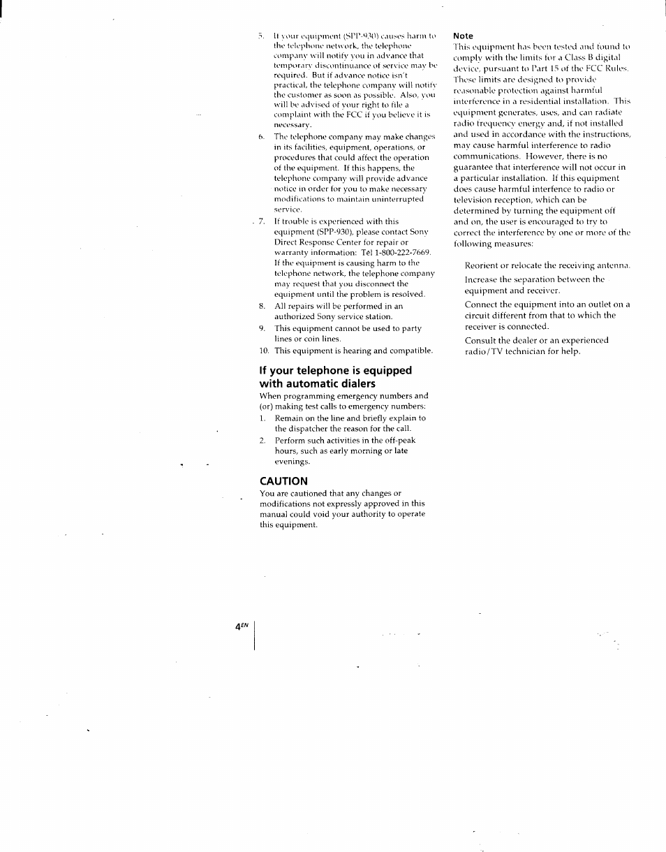 Caution, 4f/v | Sony SPP-930 User Manual | Page 4 / 54