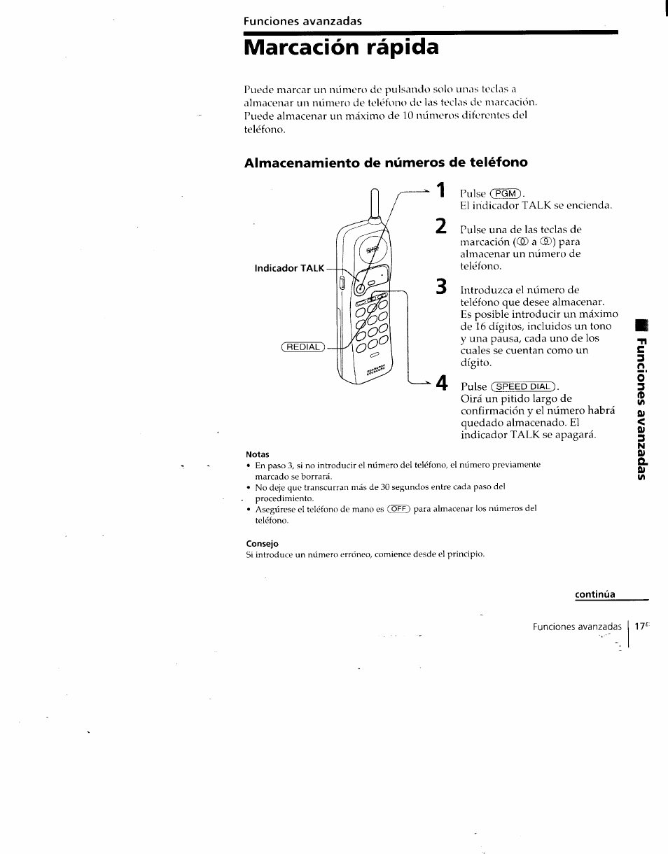 Funciones avanzadas, Almacenamiento de números de teléfono, Continúa | Marcación rápida | Sony SPP-930 User Manual | Page 42 / 54